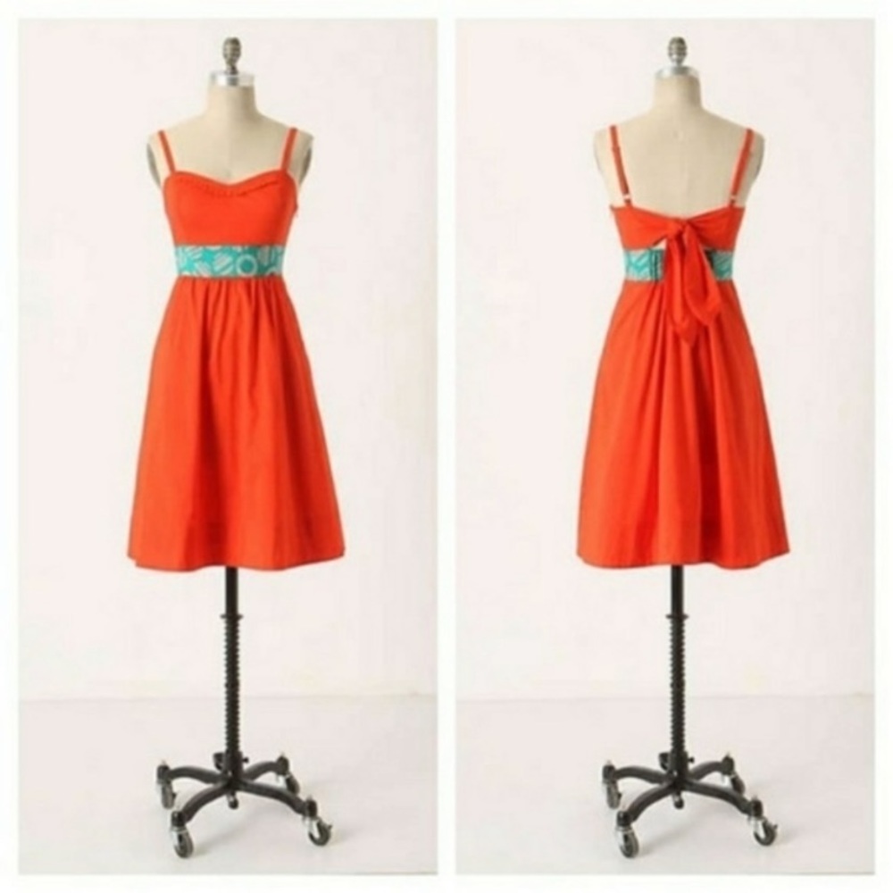 Anthropologie Edme & Esyllte Redish Orange Dress with Green Waist Size 6